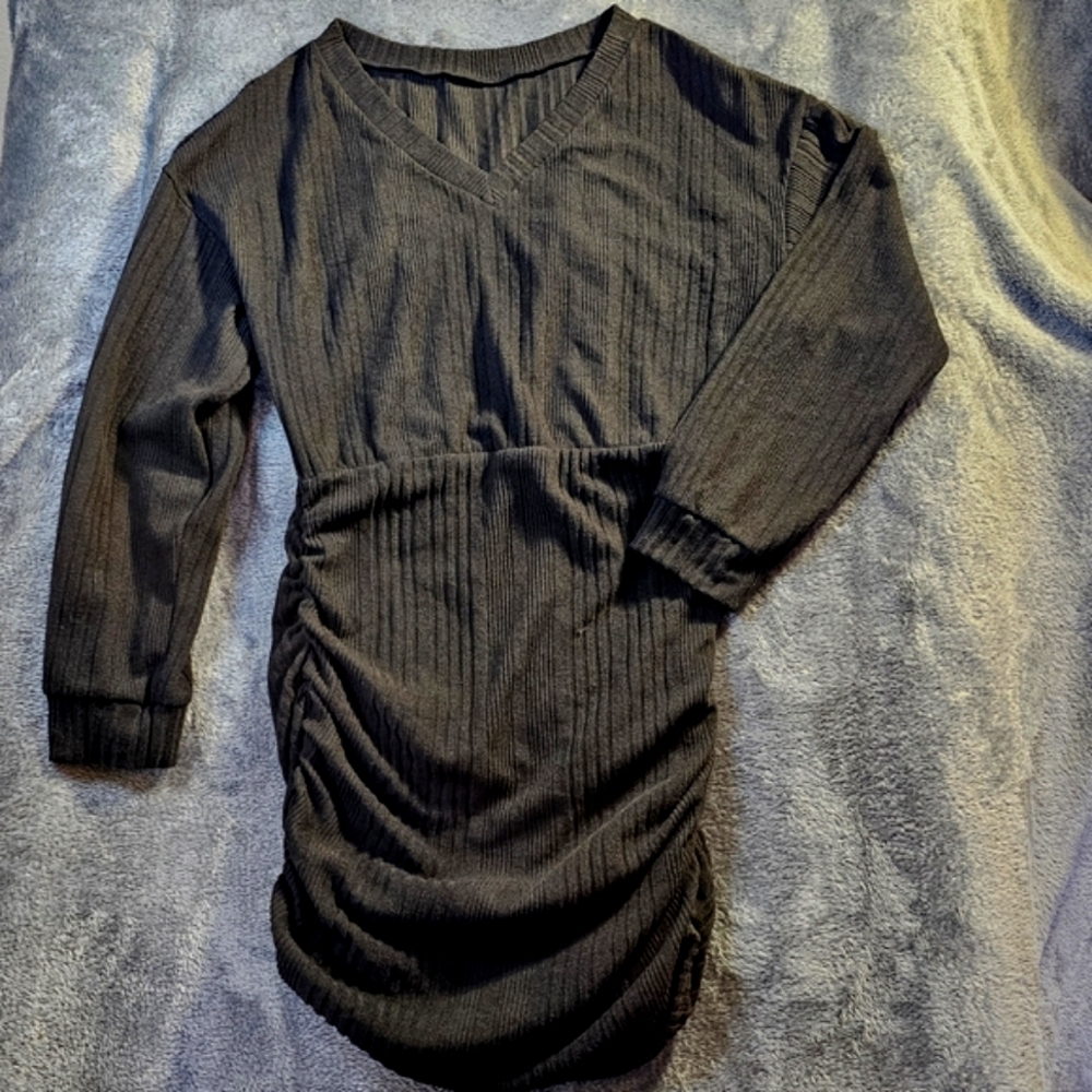 Black Ribbed Bodycon Sweater Dress - Size XXL, Long Sleeve, Ruched Detail